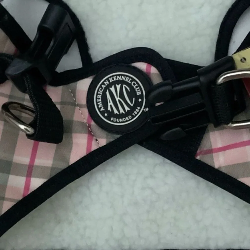 American Kennel Club Dog Harness Vest Designer Tartan Plaid Sherpa Lined Pink M